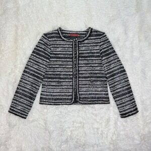 Alice + Olivia Medium Black White Metallic Silver Tufted Tweed Collarless Blazer